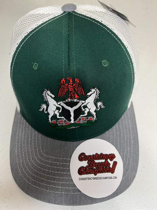 The Nigerian coat of arms green and white with grey brine trucker snap back hat